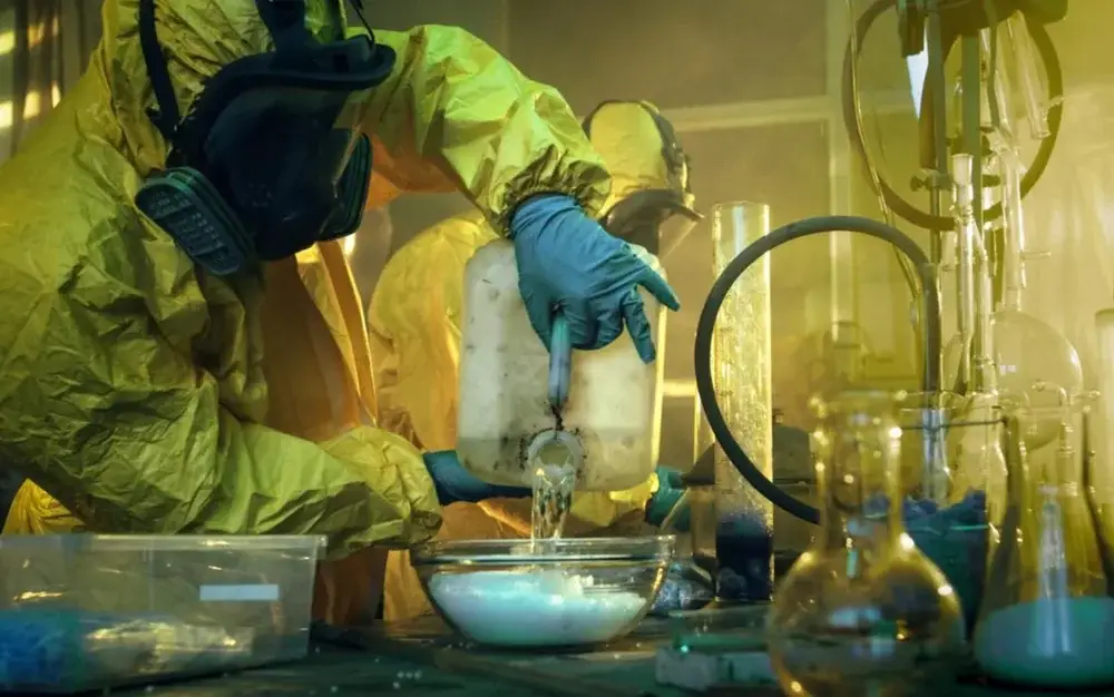 Technician in chemical protective suit handling glassware in a clandestine laboratory