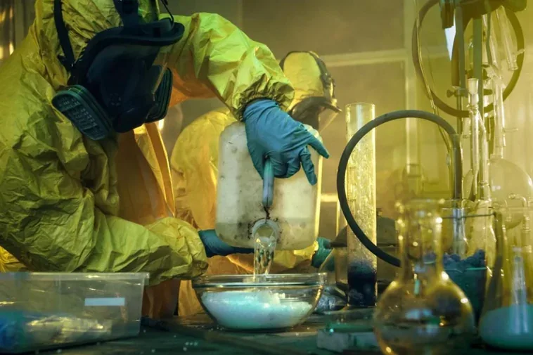 Technician in chemical protective suit handling glassware in a clandestine laboratory